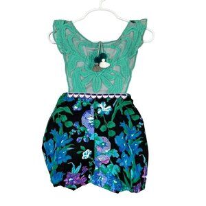 Label Jane Romper Girl 2T Green Floral Embroidery Pom Pom Summer Beach Girly